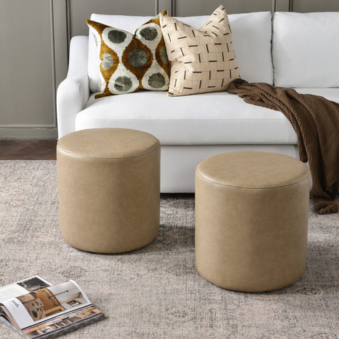 Elof Faux Leather Ottoman - Modern Faux Leather Pouf | Small Round Ottoman | Kinwell Furniture | Footstool for Lounge